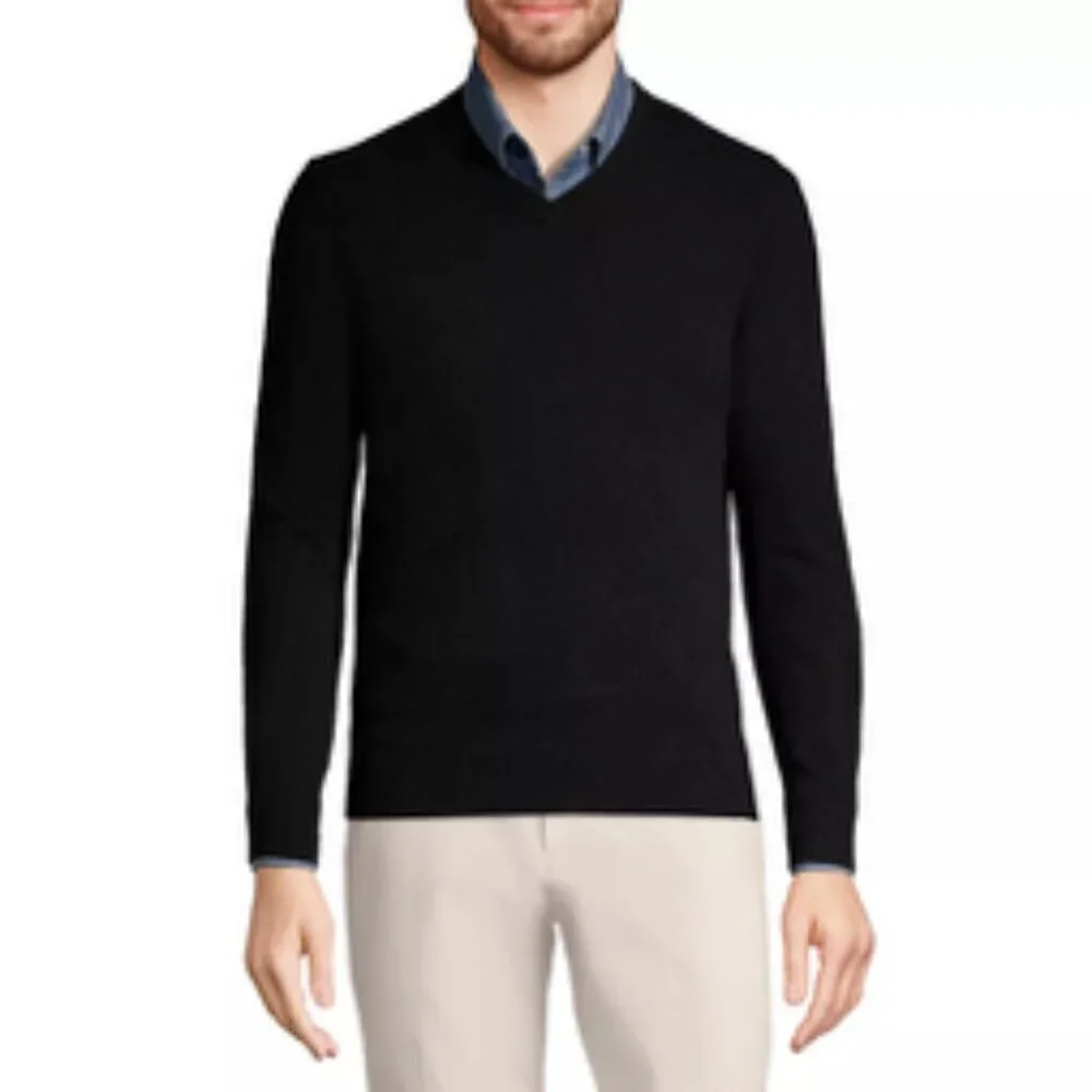 LANDS END Black 100% Cashmere V Neck Pullover Sweater Medium